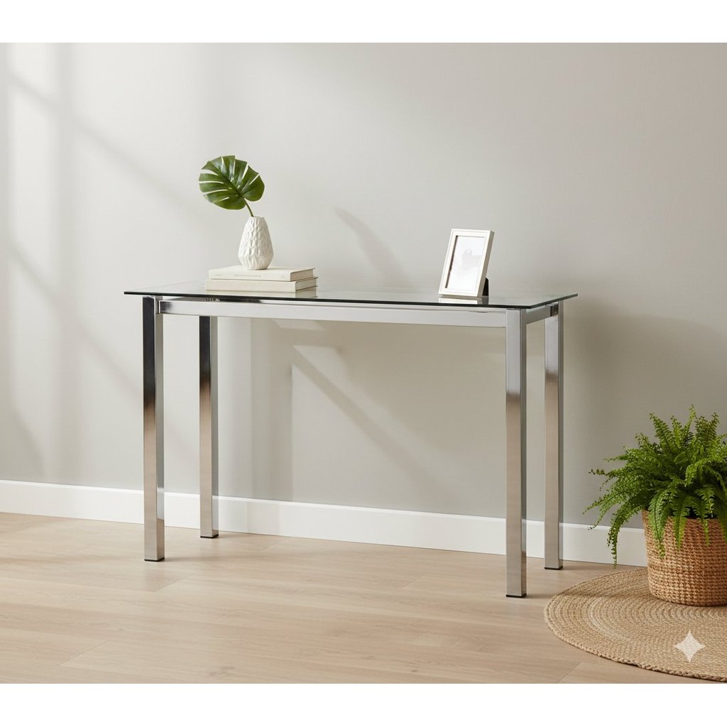 Aparador Moderno Tampo Vidro 8mm Base Aço Cromado 110cm Cinza