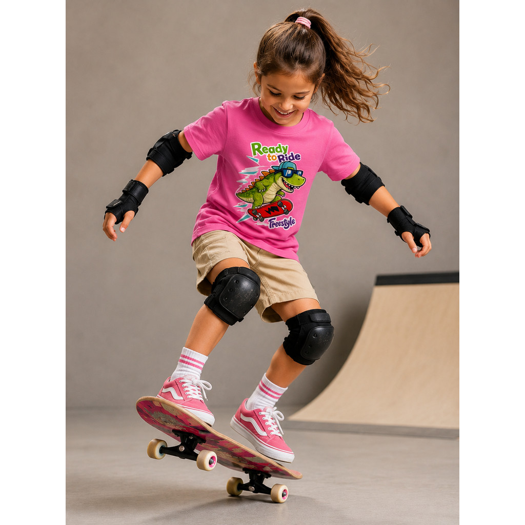 Camiseta Infantil Menina Dinossauro Andando de Skate Confortável 100% Algodão