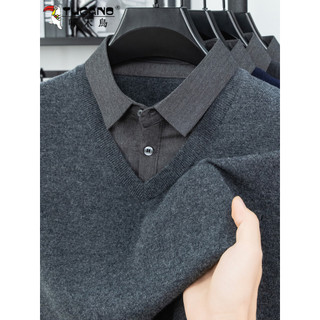 Woodpecker outono inverno 100% lã pura camisola masculina falso camisola de duas peças engrossado camisa quente gola de 