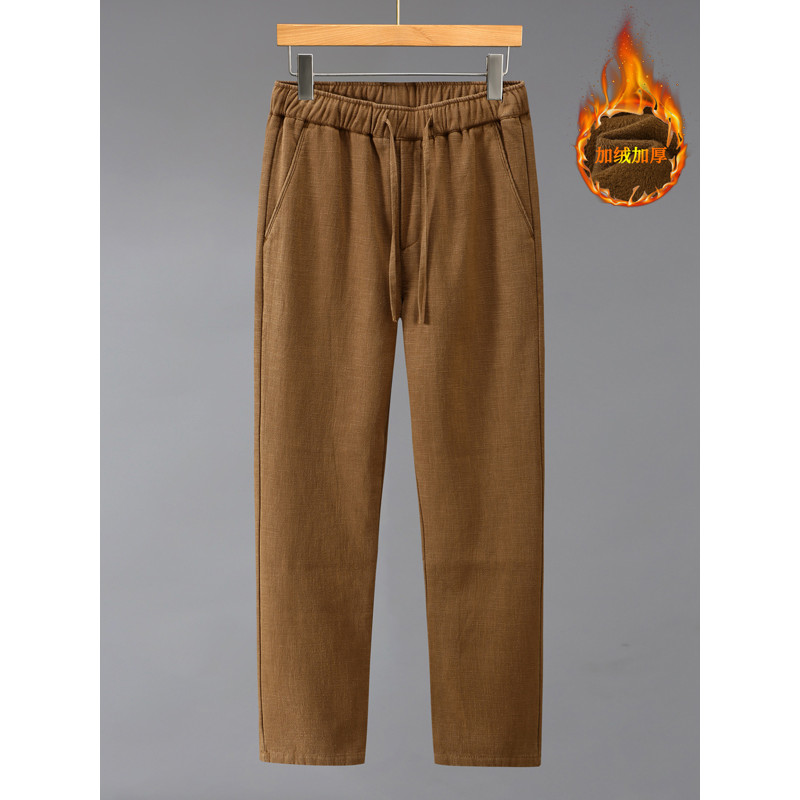 Forro de lã engrossado quente calças casuais masculinas outono inverno cor sólida Ramie calças masculinas elástico cordã