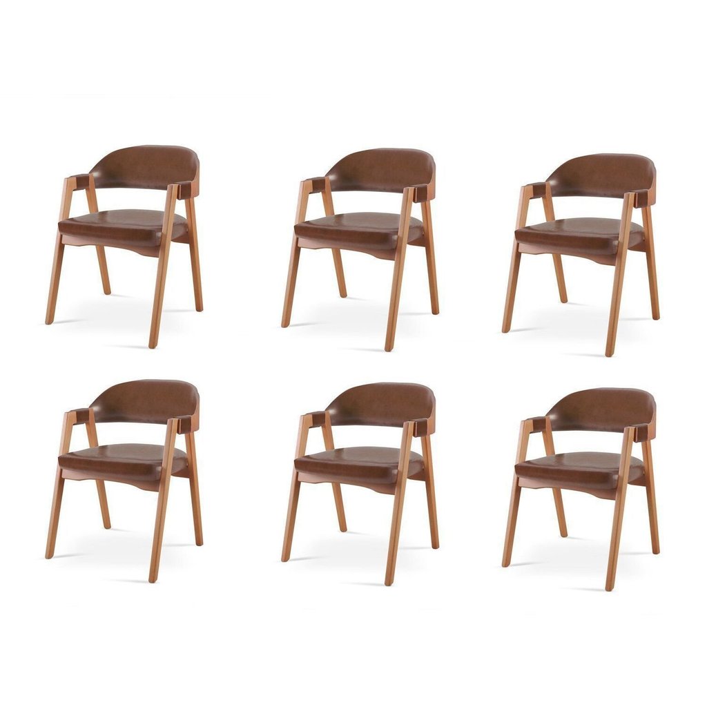Kit 6 Cadeiras de Jantar Estofadas Couro Sintético Madeira Gaia Marrom Yescasa Couro Marrom