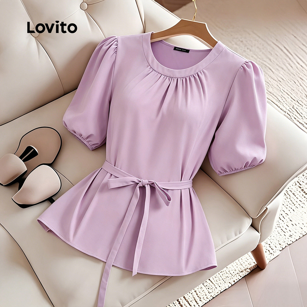 Lovito Blusa Casual com Amarração e Renda Simples para Primavera/verão Rosa para