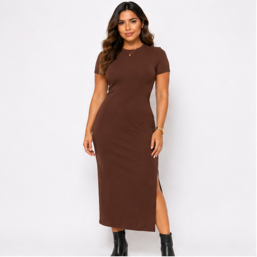 Vestido Feminino Canelado Midi Manga Curta Malha Premium Modelagem Justa Fenda Lateral Confortável Elegante