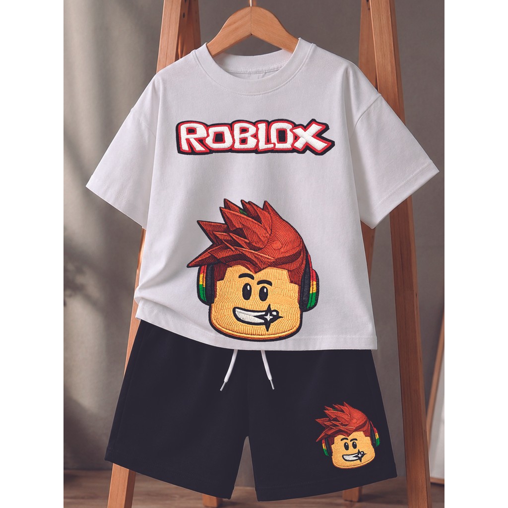 Conjunto Gamer Infantil Robloxx Camiseta Estampada e Shorts Confortável Algodão