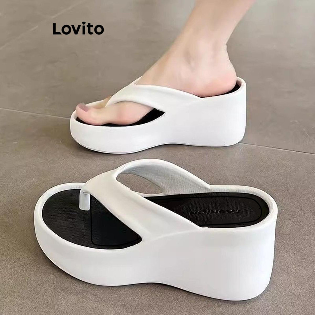 (Trendy)(Casual) Lovito Sandálias Rasteiras Lisas Estilo Coreano Com Plataforma Sola Grossa Que Aumenta a Altura Antiderrapantes Para Uso Externo Ideais Para Mulheres LFA62266