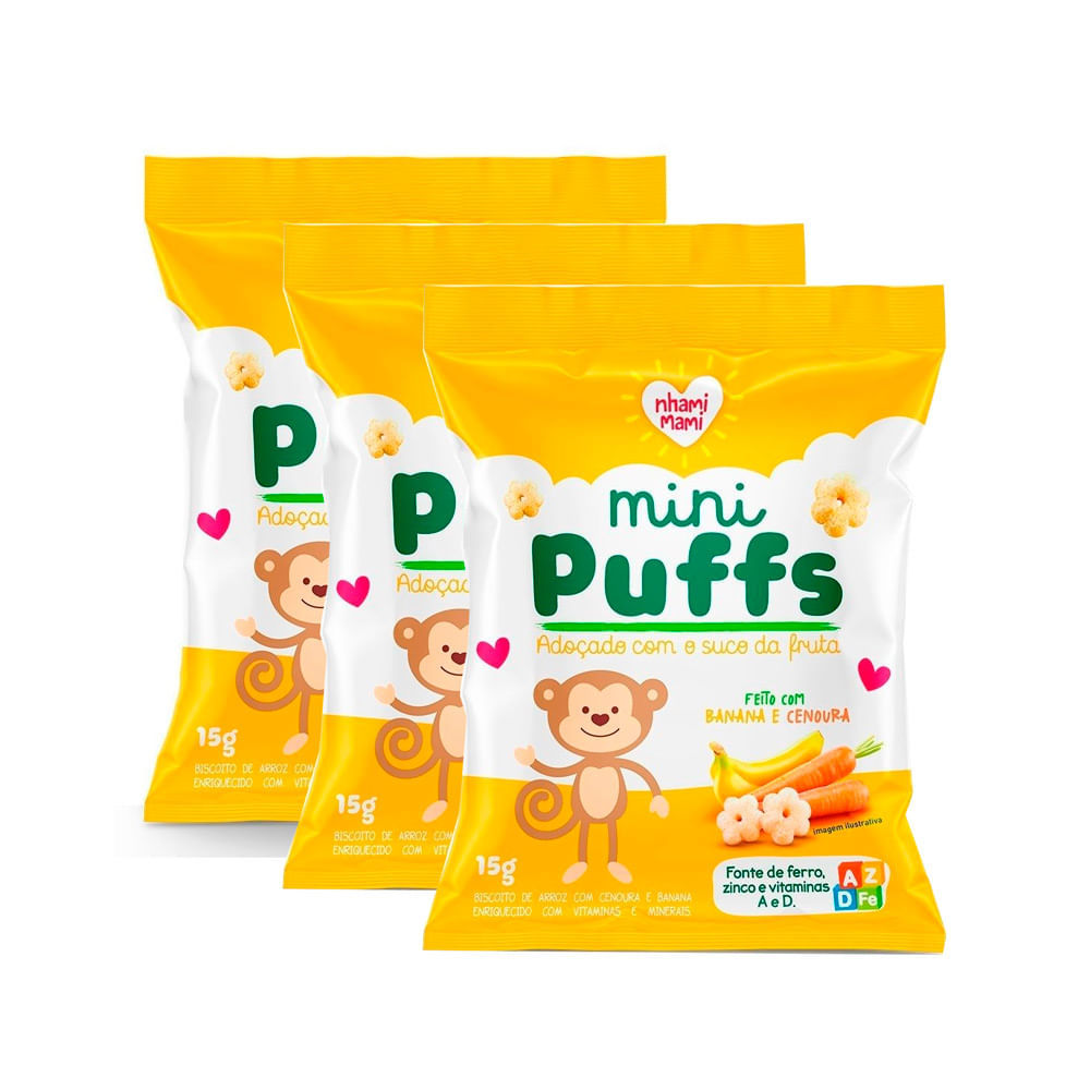 Kit 3 Biscoito Nhami Mami Mini Puffs Snack Banana e Cenoura 15g