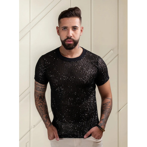 Camiseta Masculina JotaVê em Paetê Preta Moda Casual Confortável Estilo Verão
