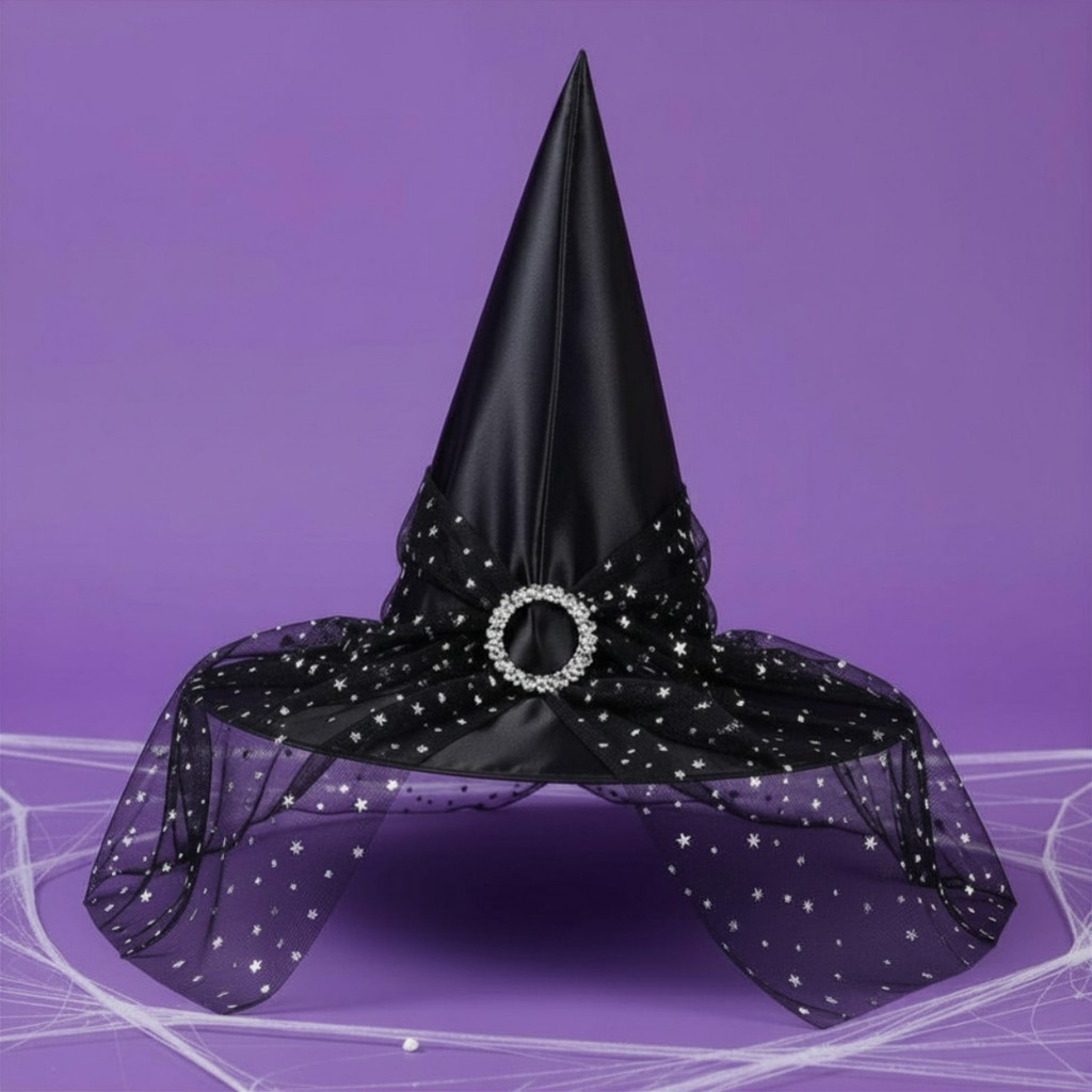 Chapéu de Bruxa Preto com Fivela e Tule Estrelado - 37x33cm - 1 unidade - Rizzo