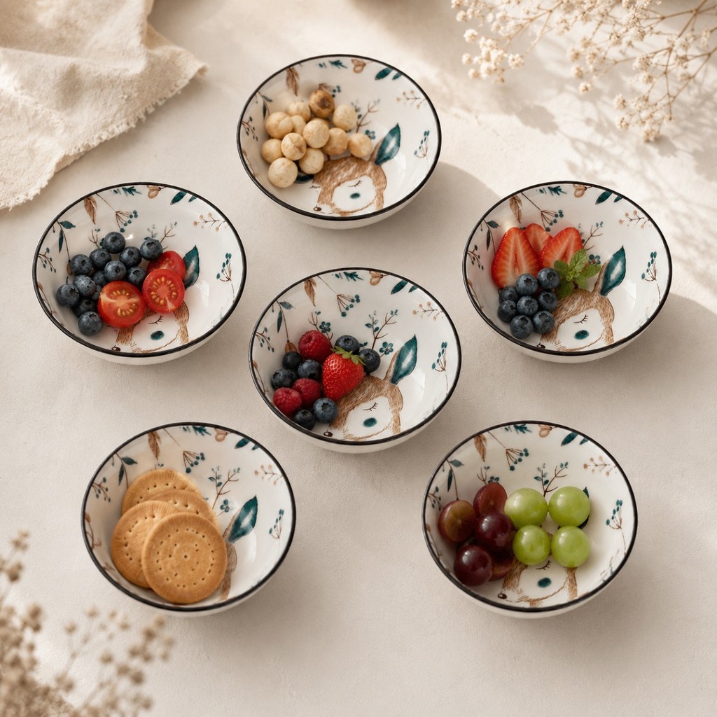 kIT 6 Mini Tigelas Cerâmica 160ml Estampada Sobremesa Petiscos Frutas Molhos Mesa Posta Decorativa