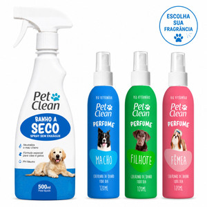 Kit Banho a Seco Pet Clean Sem Enxague 500ml + Perfume Colonia Pet Shop Aroma Femea Macho Filhote 120ml