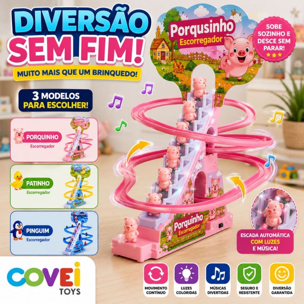 Brinquedo Escada Automática Com Música Luzes Patinhos Pinguins Porquinhos Infantil — imagem 2 de 2