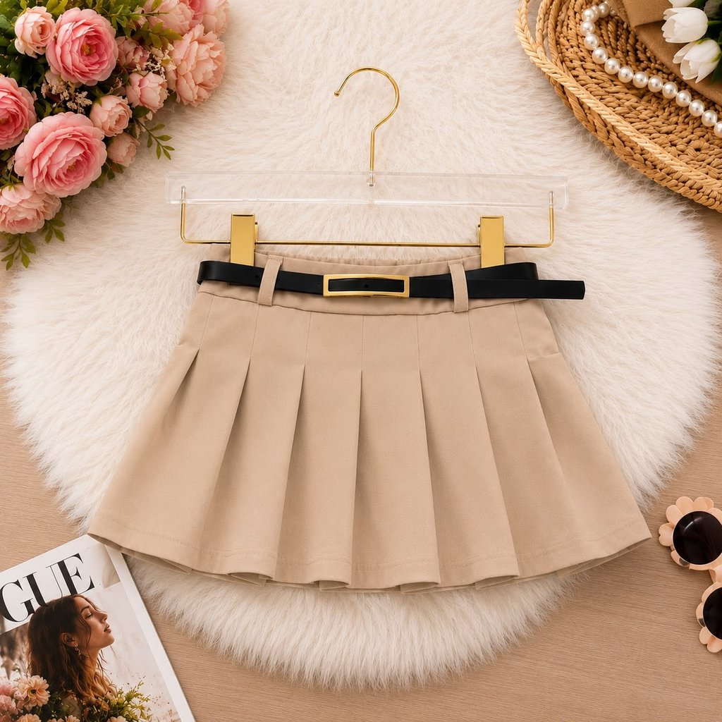 Short Saia Infantil Plissada com Cinto Moda Casual Elegante Menina Verão 4 a 12 Anos