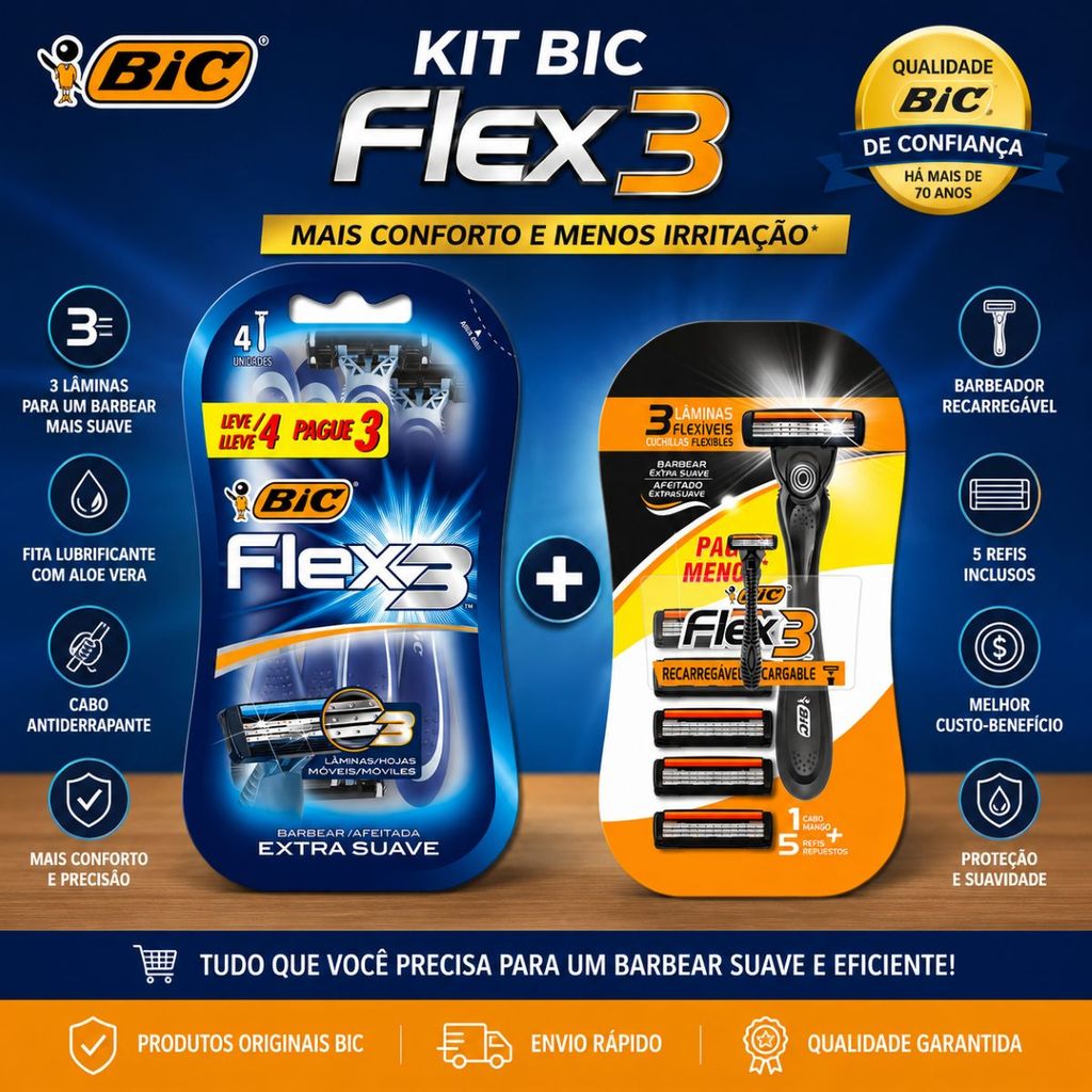Kit Bic Flex3 Barbeador Recarregável + Flex3 Azul
