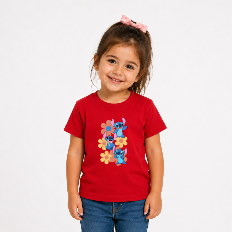 Camiseta Infantil Stitch Flores 100% Algodão Estampa DTF Premium,Camiseta Infantil Stitch Menina
