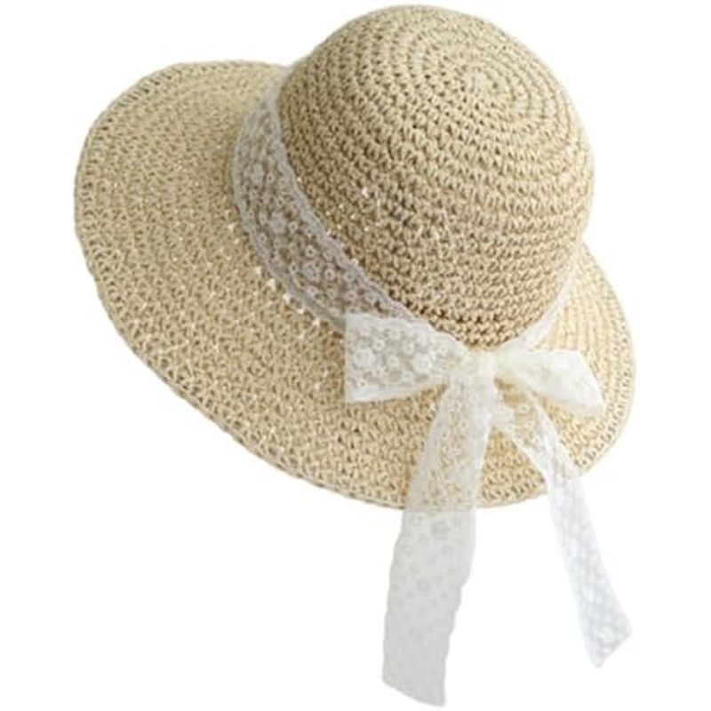 Chapéus De Sol Para Meninas , Chapéu De Palha De Cor Sólida , Aba Larga , Proteção Solar , Boné De Praia Com Laço UPF 50