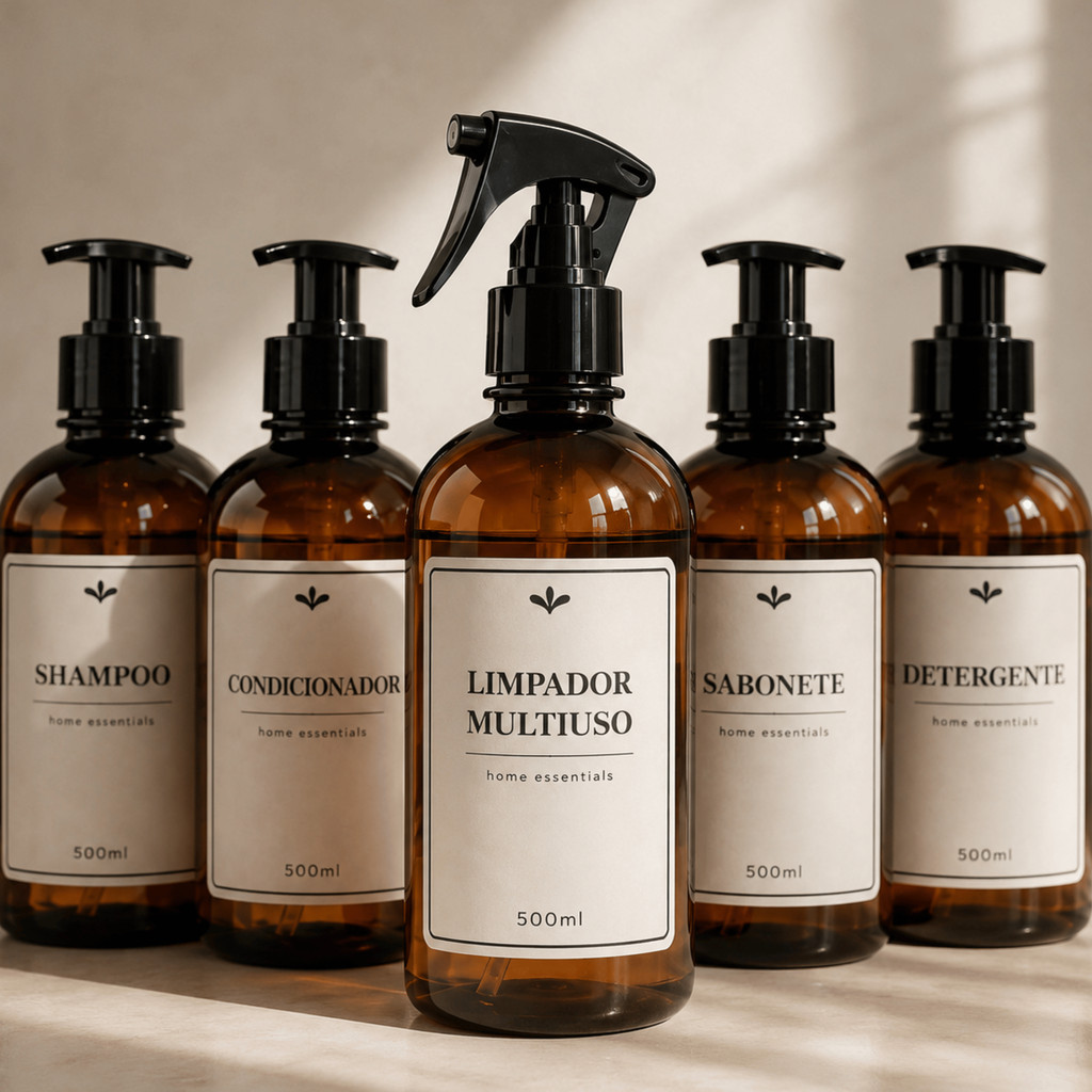 kit 5 frascos âmbar organizadores 500ml - shampoo, condicionador, sabonete, detergente e multiuso