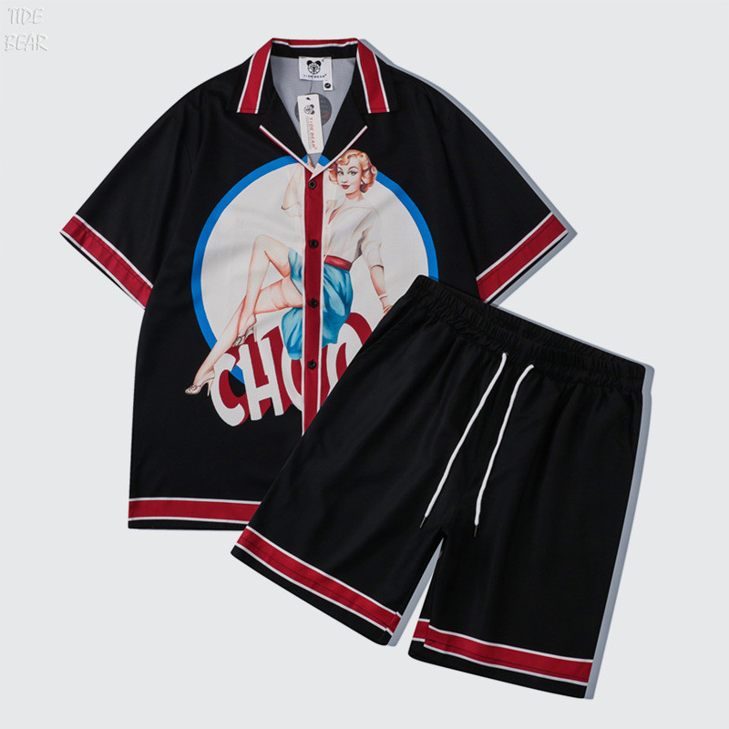 [Novo produto] Marca masculina Street Girl impressão Digital poliéster adolescente solto lapela camisa Shorts conjunto [
