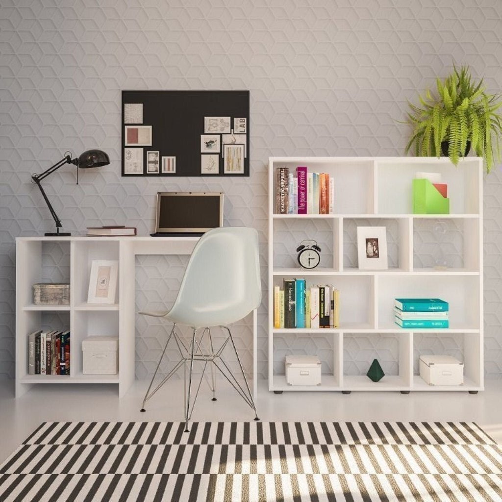 Conjunto 2 Peças 1 Escrivaninha 4 Nichos e 1 Estante para Livro 10 Branco