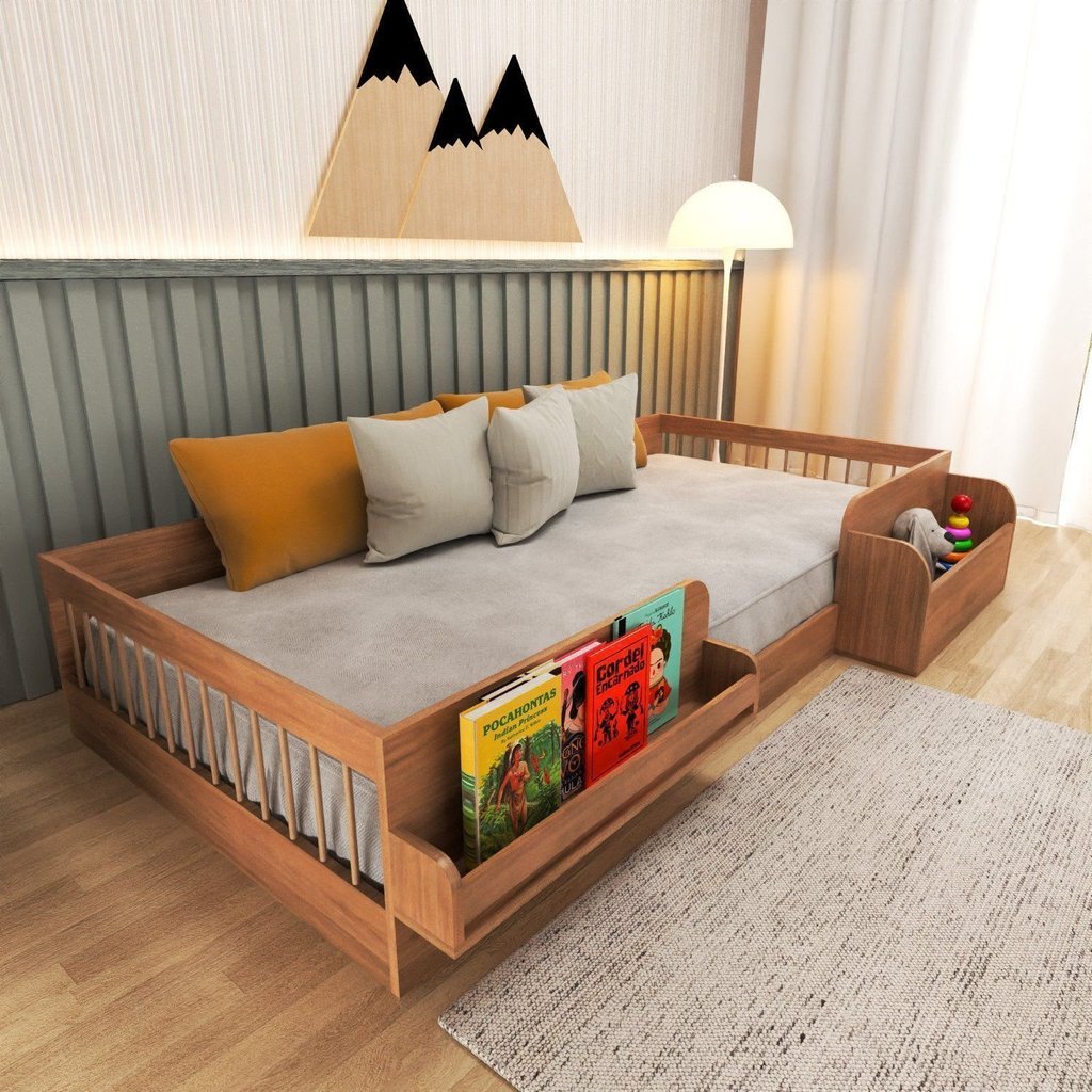 Cama Infantil Montessoriana Solteiro com Reversiteiro e Organizador Tamiê Marrom/Carvalho Mel Carvalho Mel
