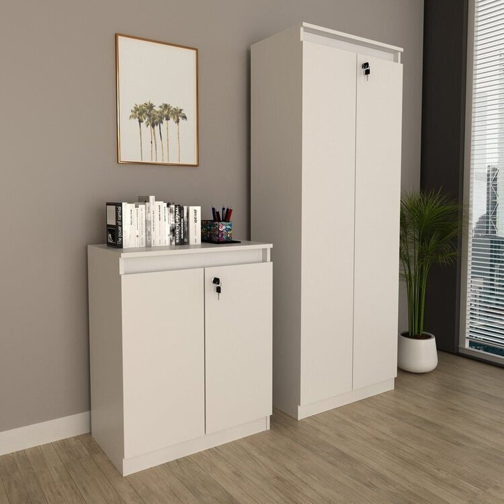 Kit 2 Peças Armário Escritório com 2 Portas e Balcão com Chave 2 Portas Branco Branco