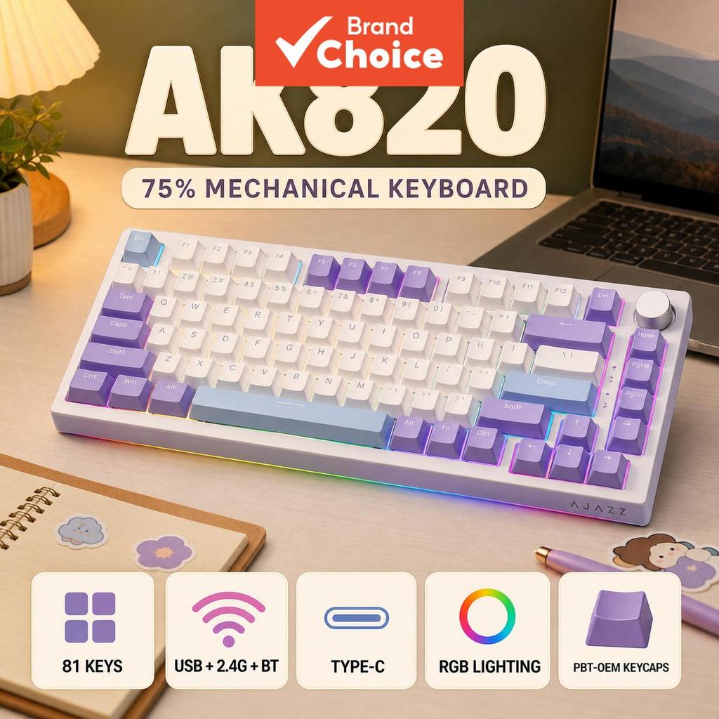 Teclado Mecânico AJazz AK820 , 81-Teclas , 2.4G Sem Fio , RGB