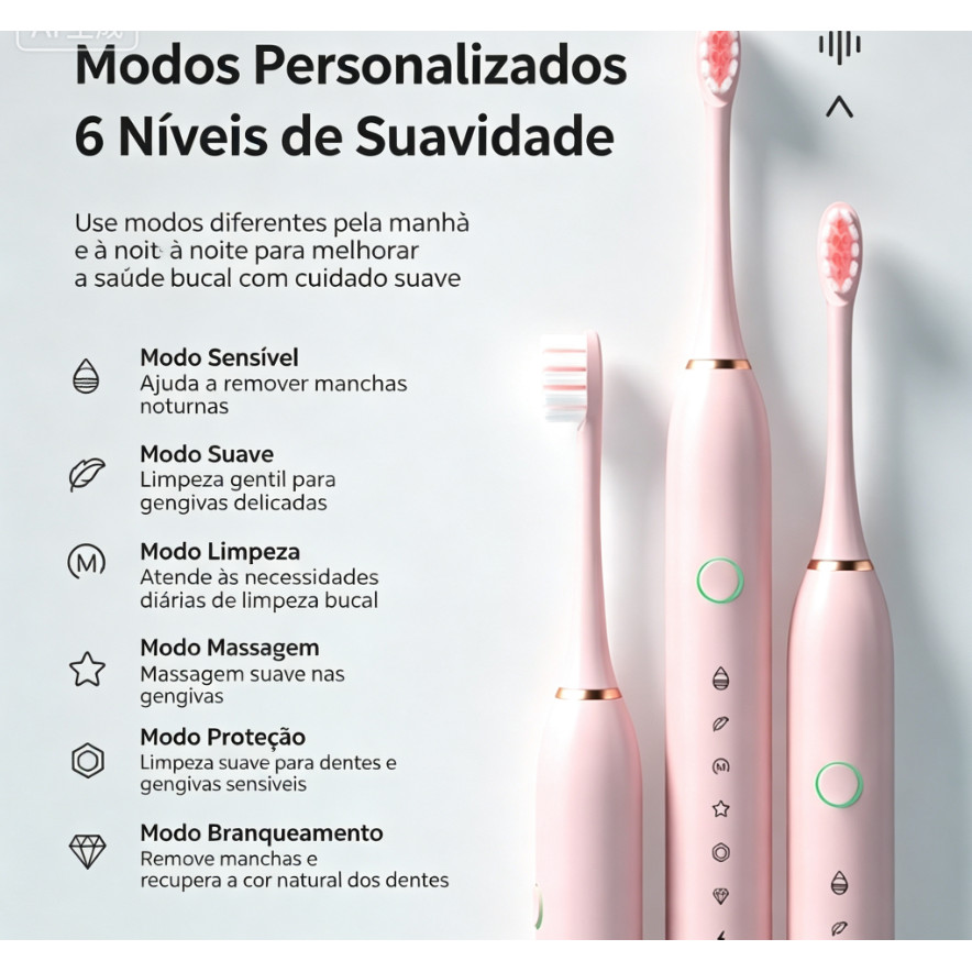 Escova de Dentes Elétrica Sônica Recarregável 6 Modos + 4 Cabeças Macias 3 Cores