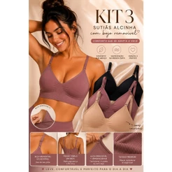 KIT 3 Top Sutiãs Feminino Sem Costura Alça Fina Canelado Com Bojo Removível