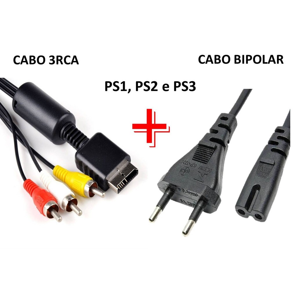 Cabo Força Ps2 Bipolar + Cabo 3RCA 1.5m PS1 Ps2 Ps3