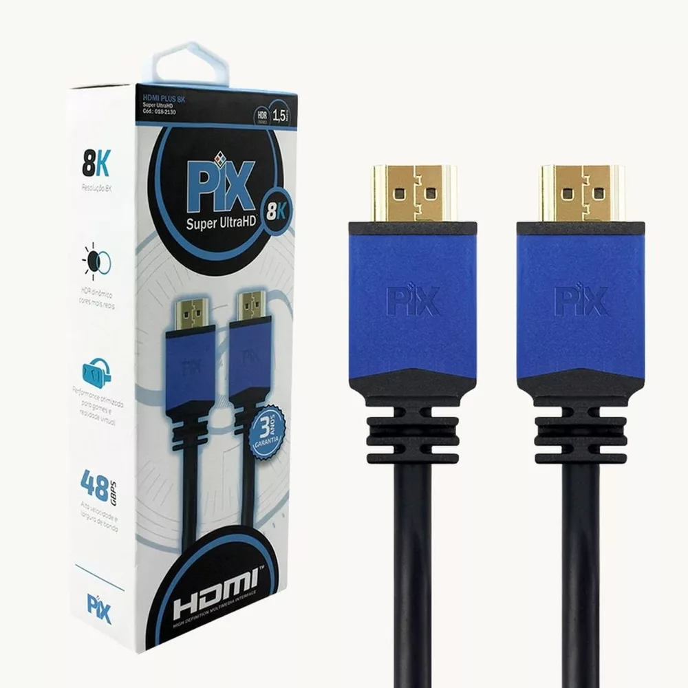Cabo HDMI 2.1 8K 144Hz 48Gbps HDR 1,5m Pix Ultra HD eARC VRR Para TV Monitor PS5 Xbox