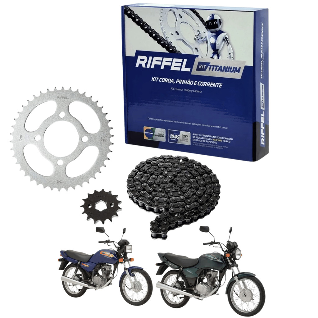 KIT TRANSMISSAO RELACAO TRACAO COROA PINHAO CORRENTE RIFFEL MOTO CG125 TITAN 125 1983 A 1999 HONDA TITANIUM AÇO 1045