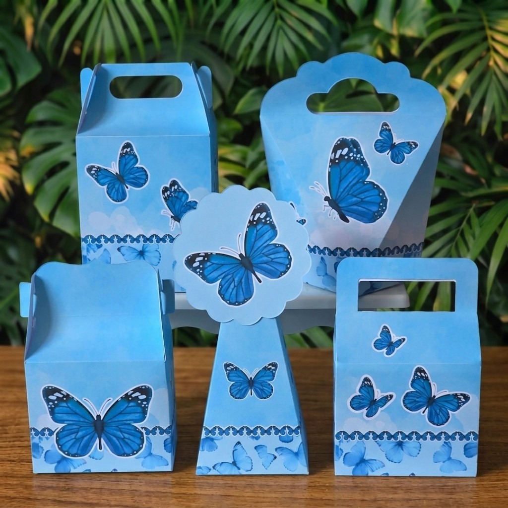 Kit Festa Caixinhas BORBOLETA AZUL JARDIM lembrancinhas personalizadas para aniversario infantil decoração mimos