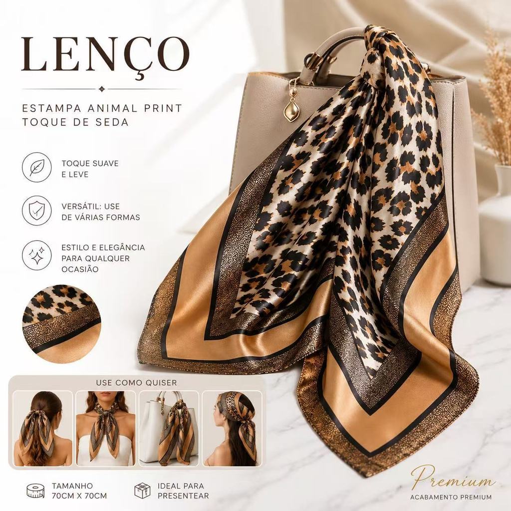 Lenço Cetim Grande Animal Print Elegante Moda Bandana Feminina Moda Verão Diversas Estampas90X90
