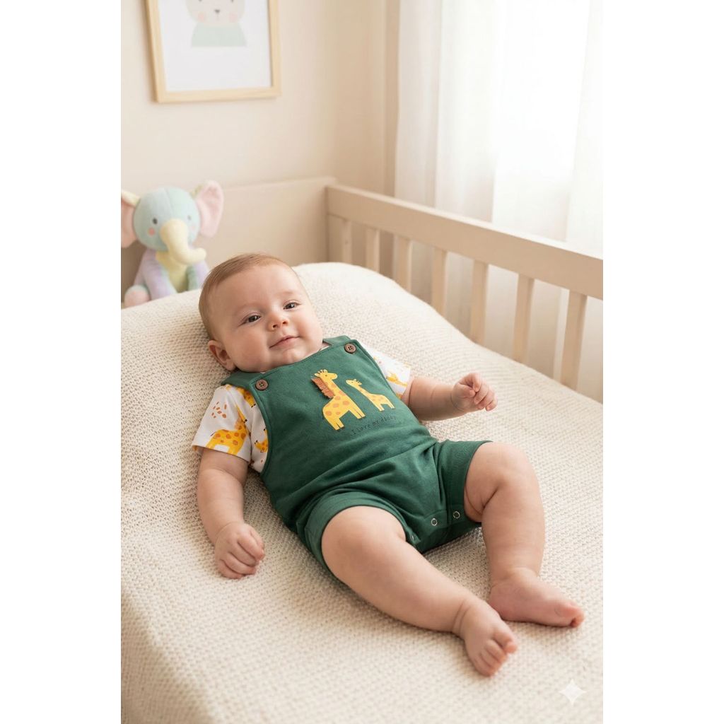 Conjunto Jardineira Moletinho Girafa e Camiseta Estampada