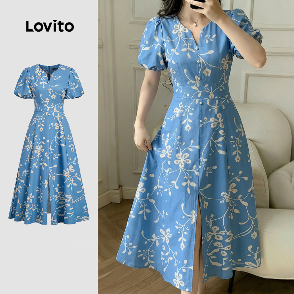 (New Arrival) Lovito Vestido Casual com Botões Pregas Estilo Resort Primavera/ve