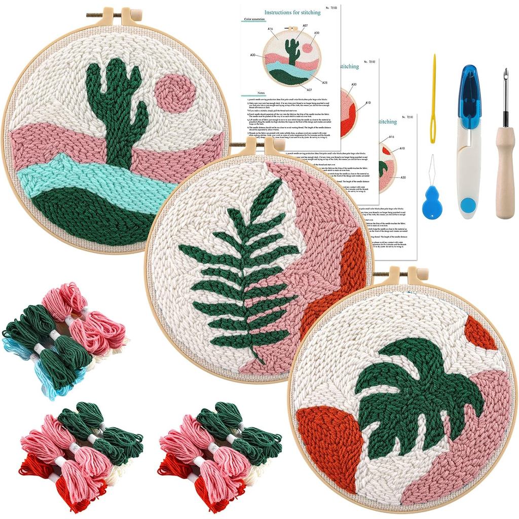 Anidaroel 3 Conjuntos de Kits de Punch Needle - Kit para Iniciantes Adultos com Tecido, Bastidores, Fios e Agulhas de Co