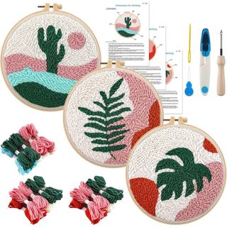 Anidaroel 3 Conjuntos de Kits de Punch Needle - Kit para Iniciantes Adultos com Tecido, Bastidores, Fios e Agulhas de Co
