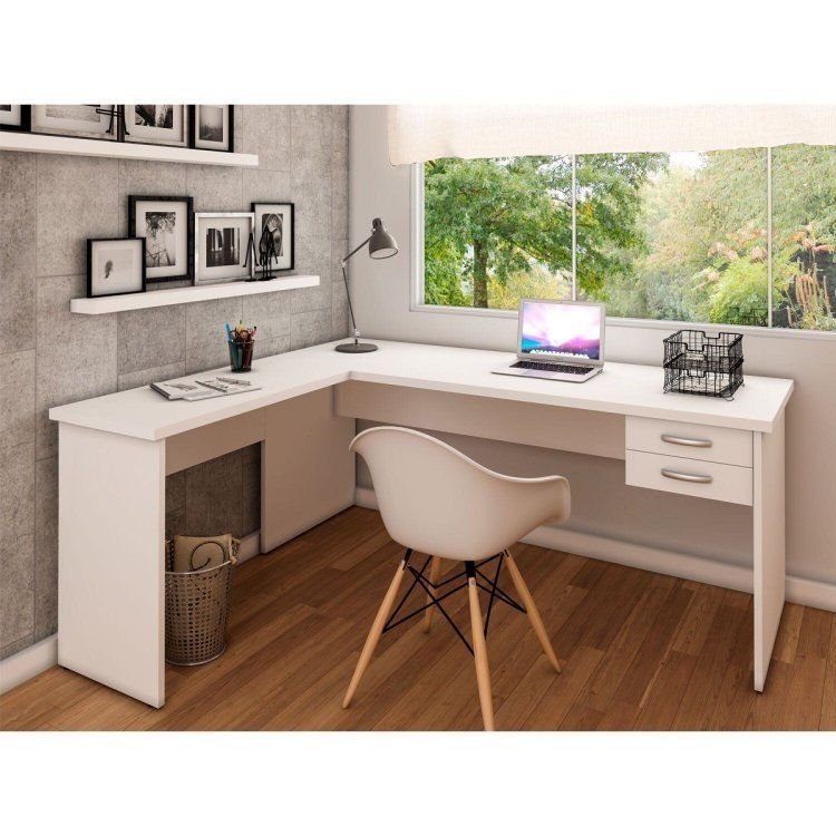 Escrivaninha Mesa Escritório em L com Gaveta 2 Gavetas 160cm Branco Branco