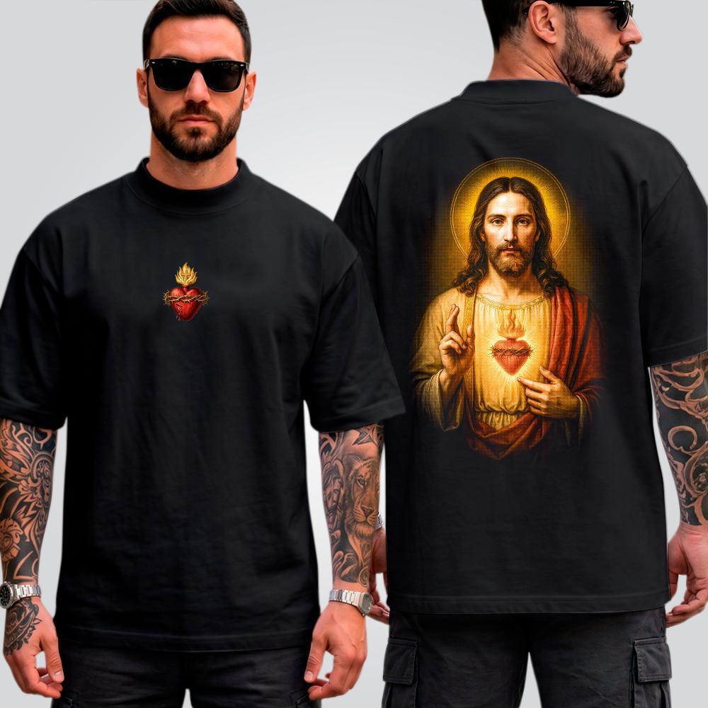 Camiseta Masculina Oversized Suedine Estampada Cristo Coração Streetwear Halftone