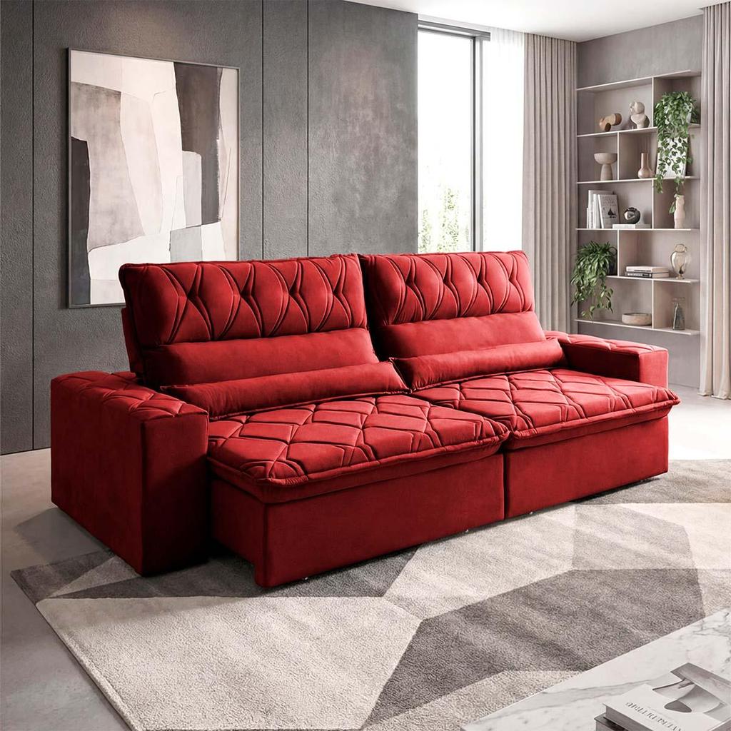 Sofá Retrátil/Reclinável França 2,70m Suede Velut Vermelho c/ Molas no Assento - King House