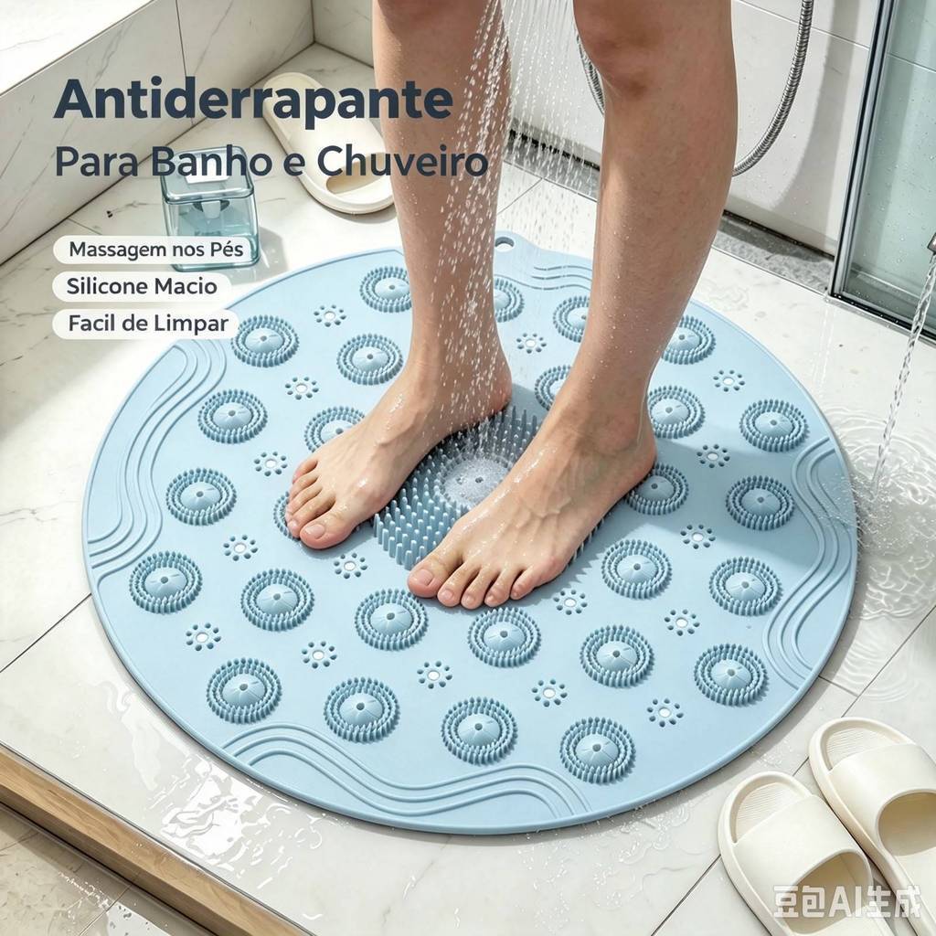 Tapete de Box de Silicone Redondo Antiderrapante Massageador Limpeza Pés Banho