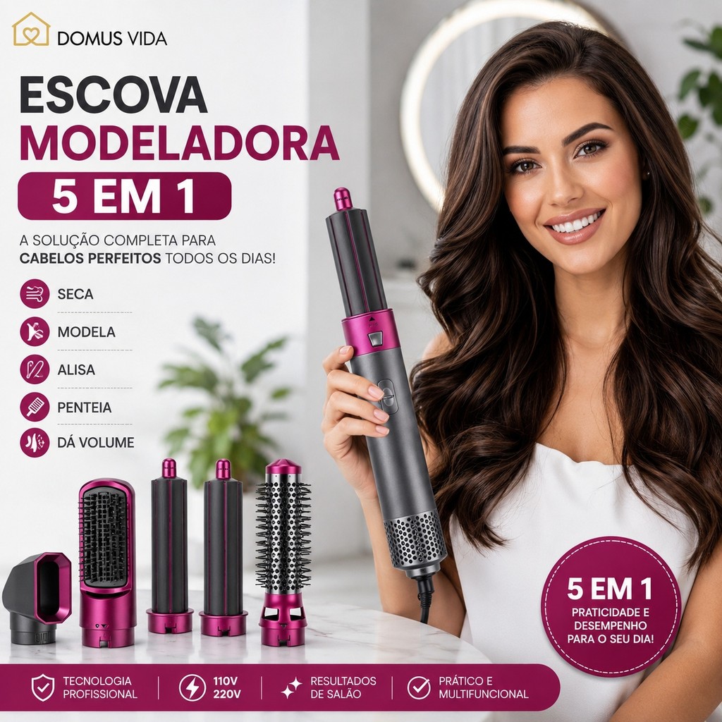 Escova Secadora 5 em 1 Multifuncional – Secador, Modelador, Pente e Volumizador Profissional 110V/220V