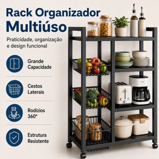 Prateleira Estante 4 Andares Cozinha Multifuncional com Rodízios Giratórios e Cestas Laterais Armazenamento Micro-ondas
