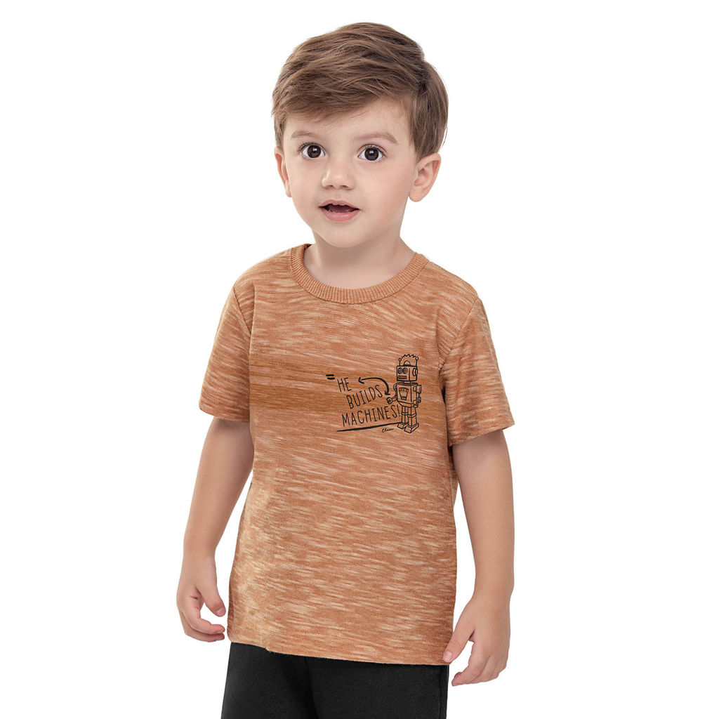 Camiseta Infantil Menino Malha Flamê Robô Elian Marrom