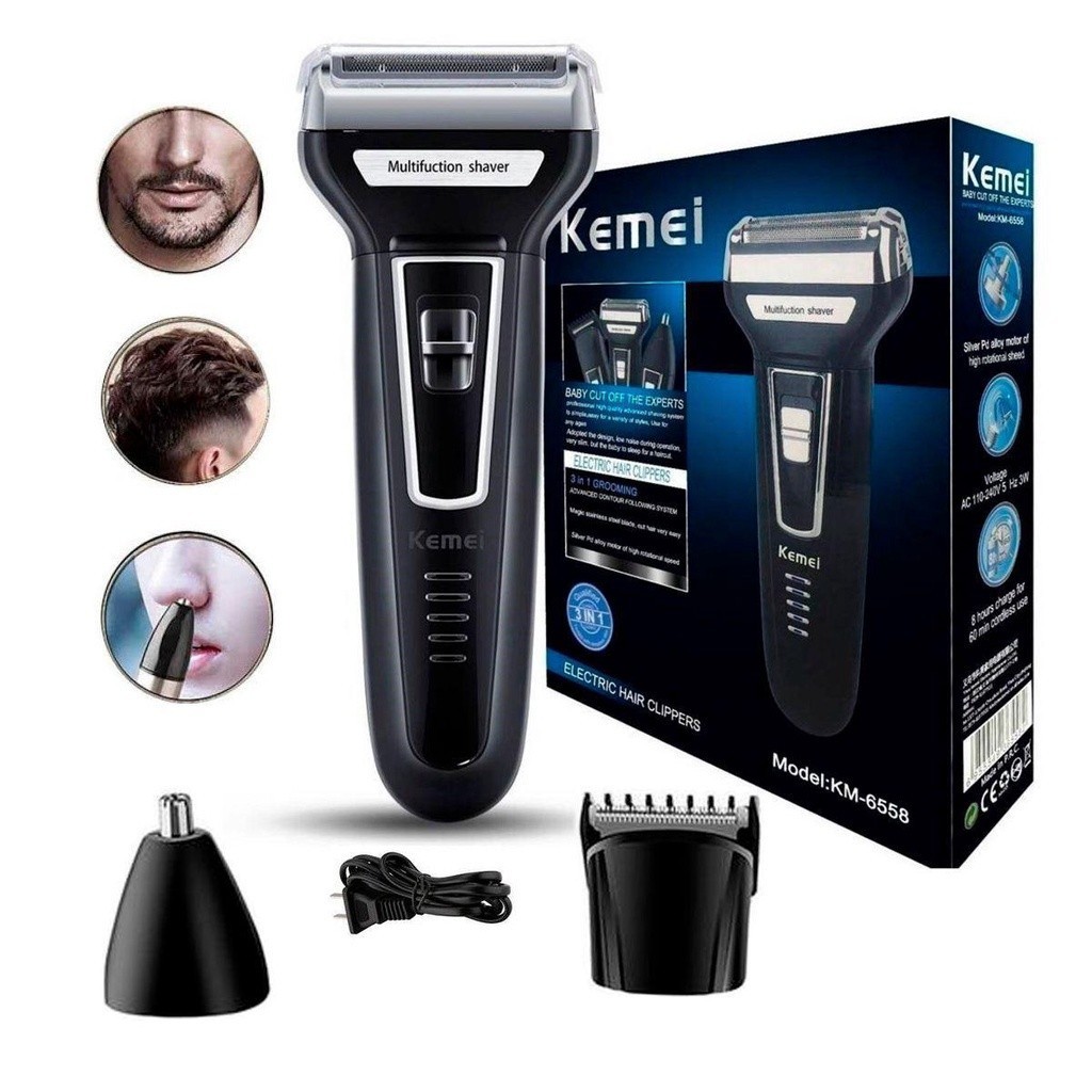 Máquina De Barbear 3 em 1 Barbeador Elétrico Recarregável Kemei KM-6558 Original - Bivolt