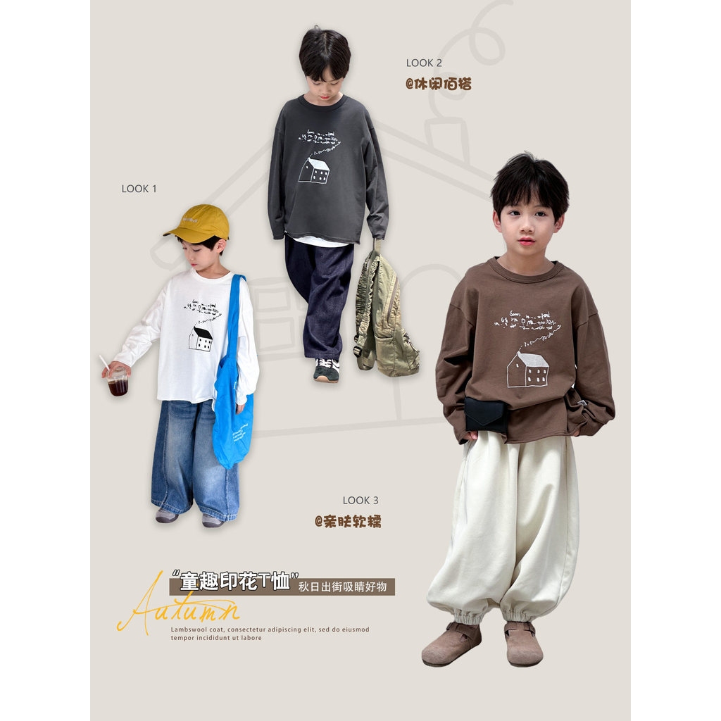 Crianças roupas de primavera meninos camiseta de manga comprida primavera outono 2026 novo estilo médio grande crianças 