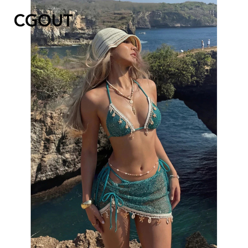 Conjunto de biquíni boêmio feminino, decorado com fitas de crochê e conchas, saia com cordão ajustável, adequado para fé — imagem 1