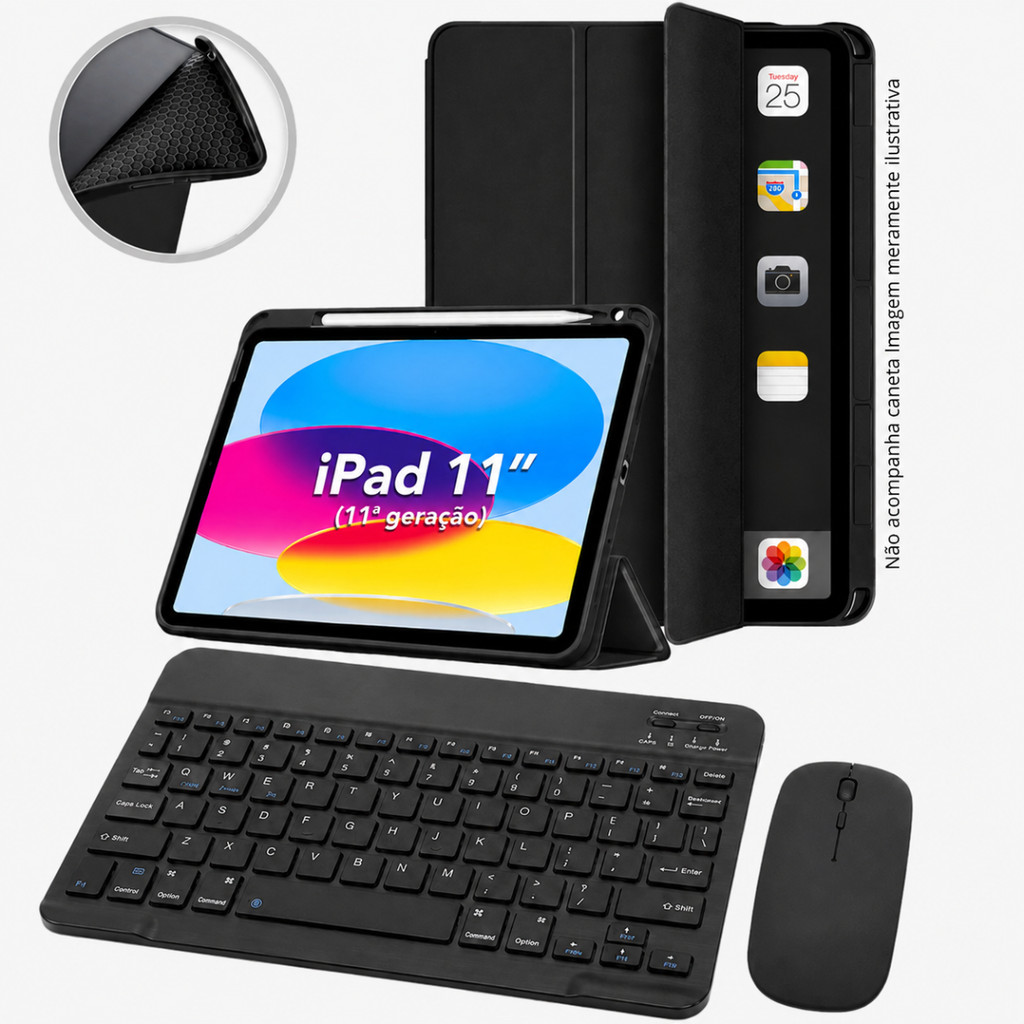 Kit Completo para iPad 11 A16 Capa Smart + Teclado e Mouse Bluetooth + Película de Vidro