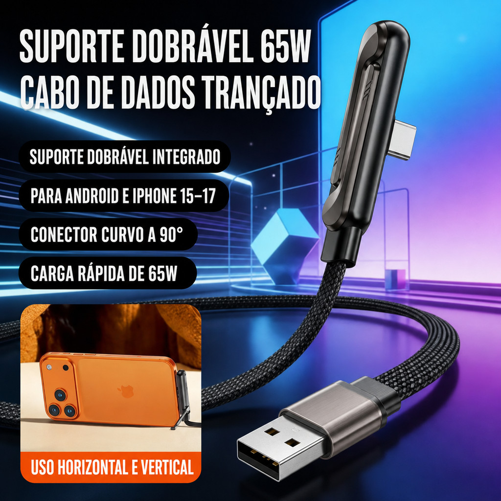⚡ Cabo USB Tipo‑C 2 Em 1 65W Rápido | USB-C Cabo Com Suporte Dobrável Multifuncional Para Celular E Tablet