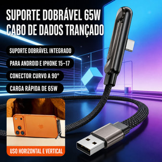 ⚡ Cabo USB Tipo‑C 2 Em 1 65W Rápido | USB-C Cabo Com Suporte Dobrável Multifuncional Para Celular E Tablet