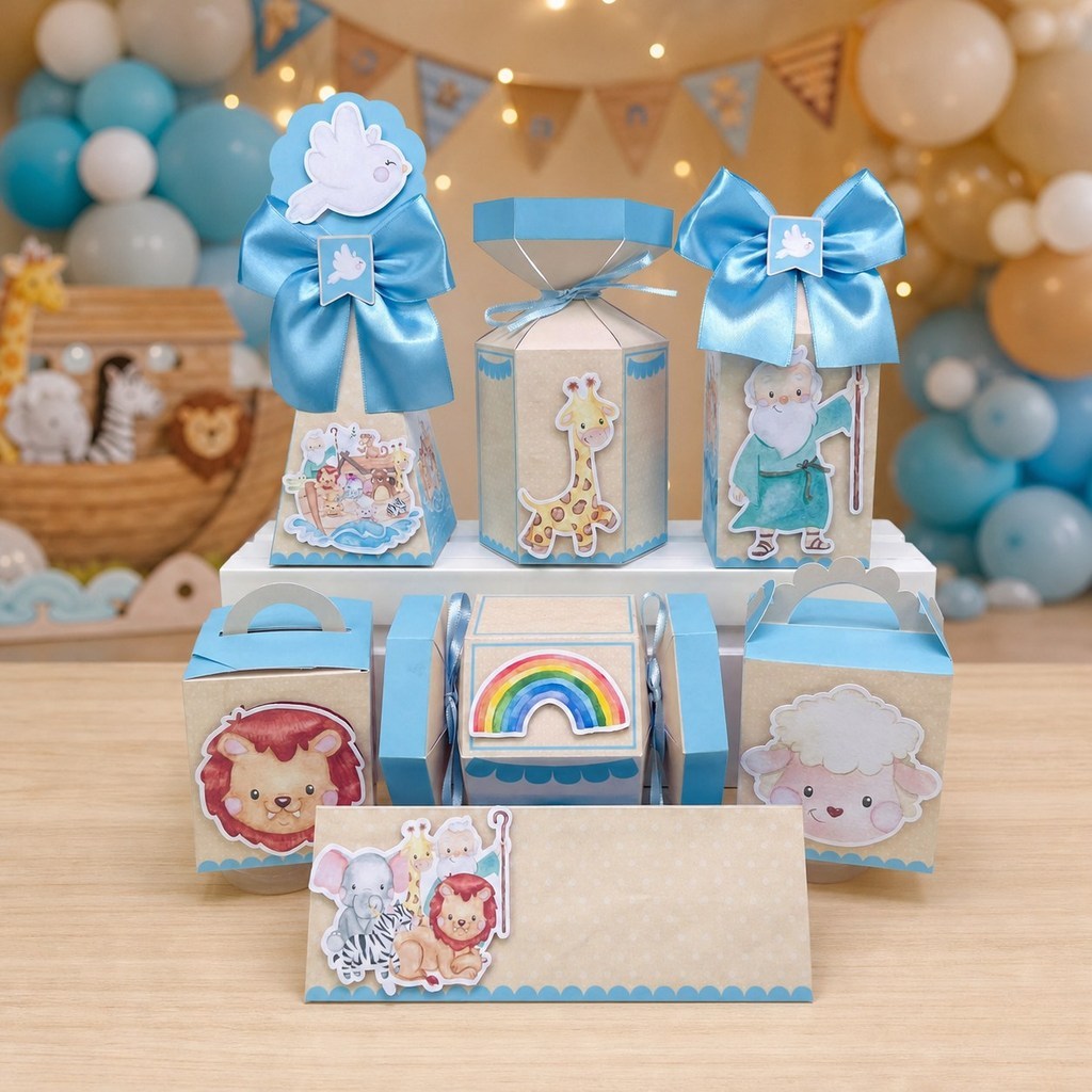 Lembrancinhas de Aniversário Arca de Noé Aquarelado Menino - Kit de Caixinhas Personalizadas
